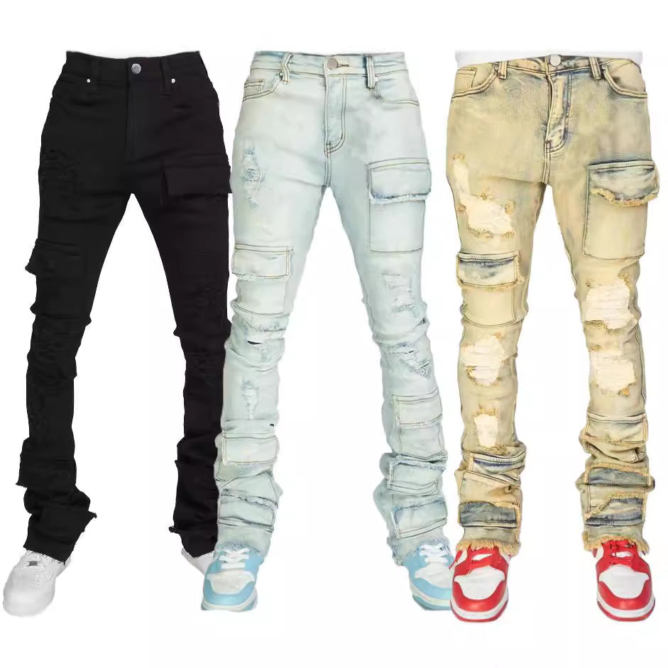 Stretch Ripped Denim Layered Flare Cargo Jeans