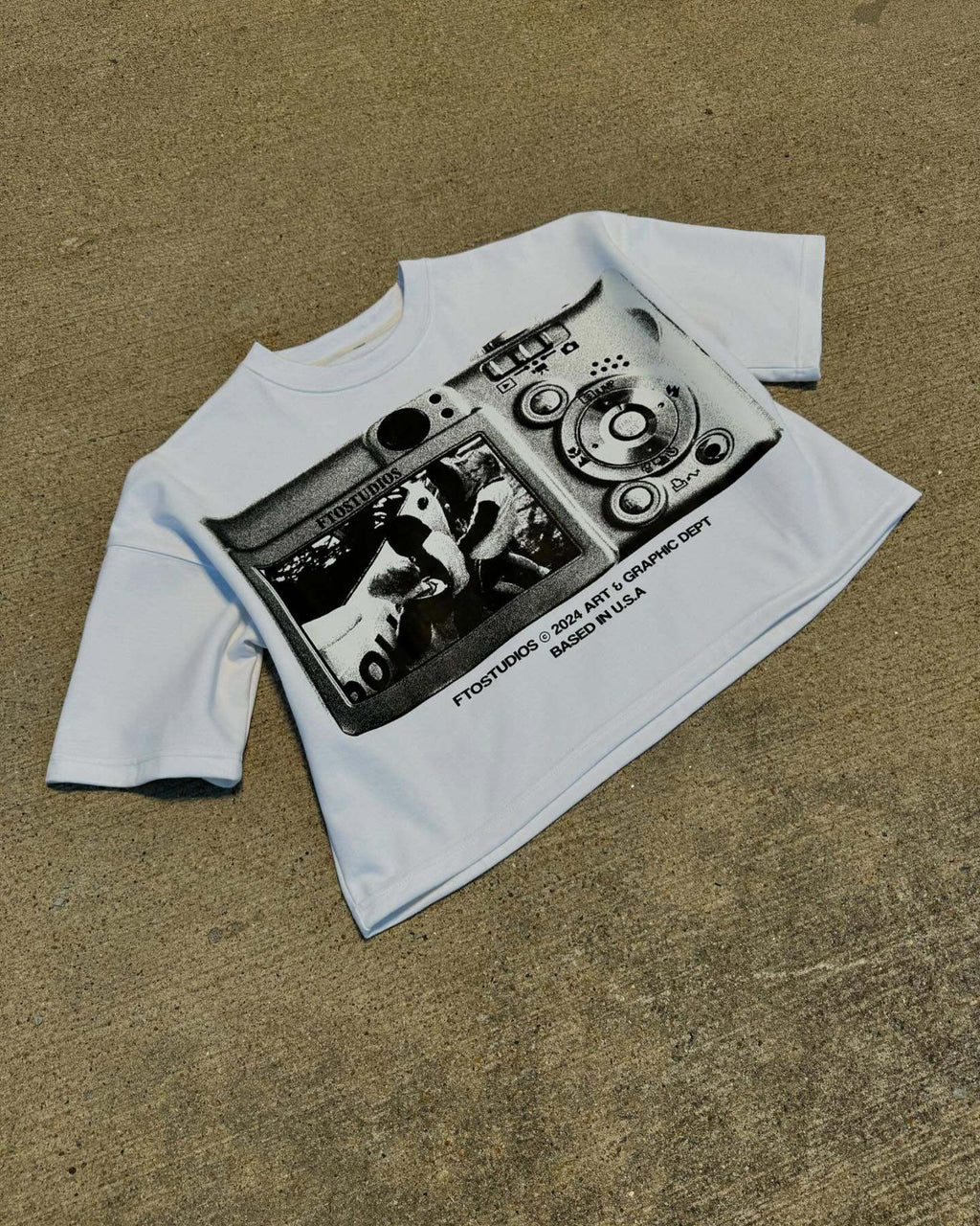 Street-style graffiti and vinyl record print T-shirt