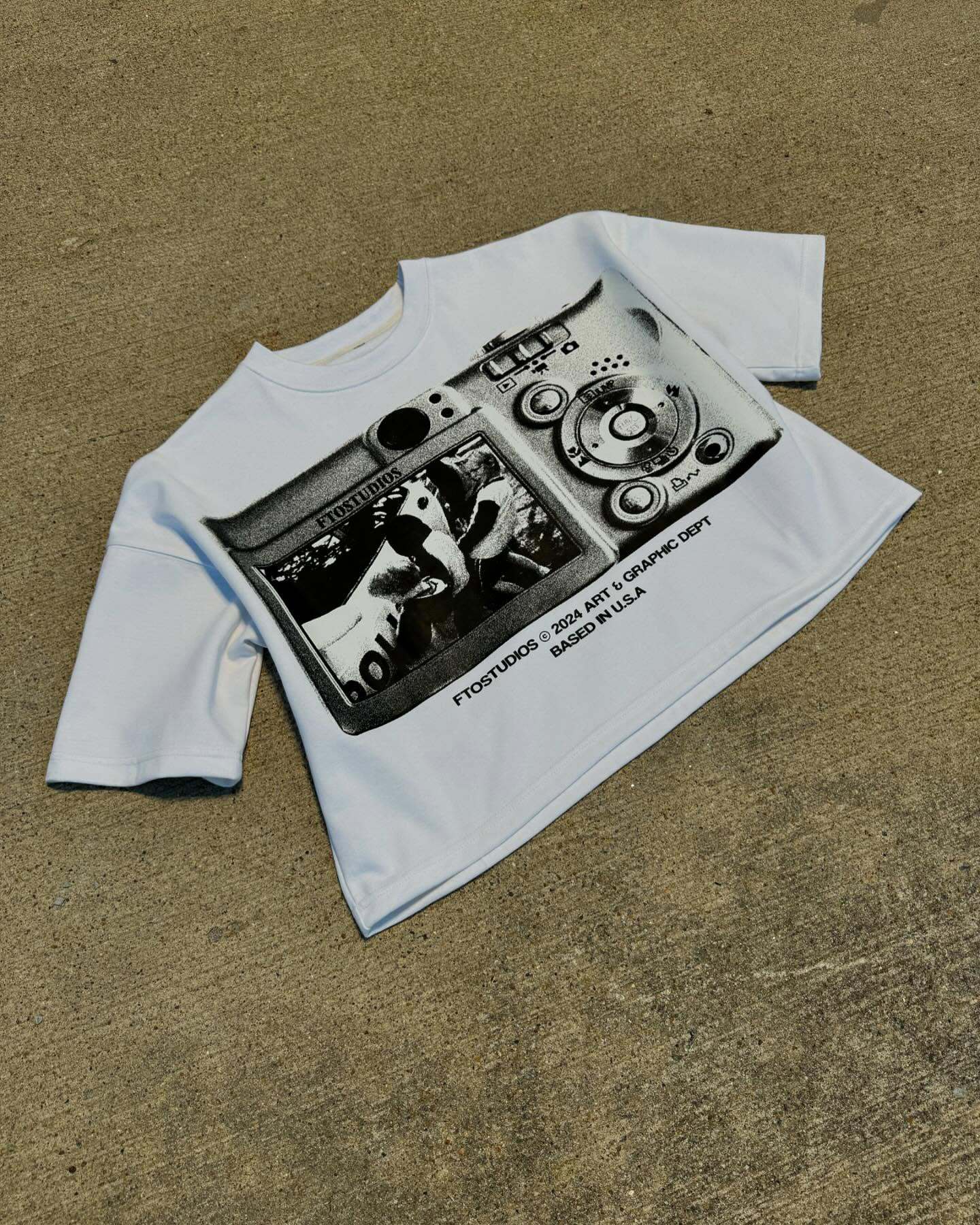 Street-style graffiti and vinyl record print T-shirt