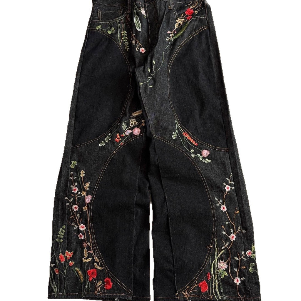 Y2K loose-fit wide-leg patchwork trousers with floral embroidery