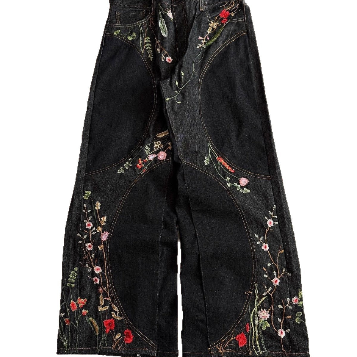 Y2K loose-fit wide-leg patchwork trousers with floral embroidery