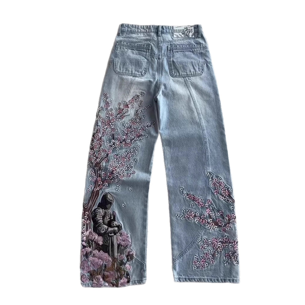Vintage-Style Wide-Leg Jeans with Intricate Embroidery