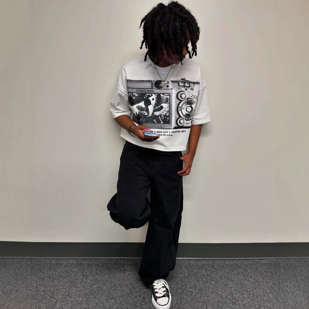 Street-style graffiti and vinyl record print T-shirt
