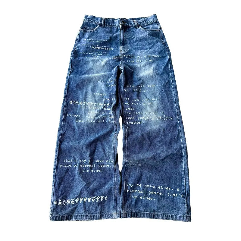 Y2K Men's Hip-Hop Jeans with American-Style Graphic Lettering