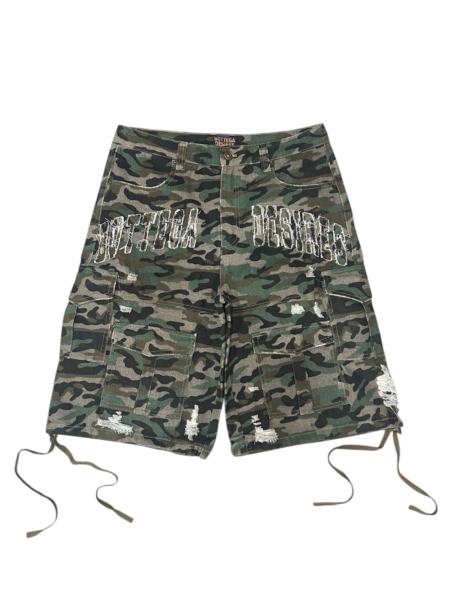 Camouflage Distressed Denim Cargo Shorts