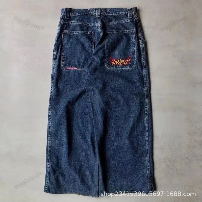Vintage-Wash Denim Jeans with Y2K Hip-Hop Embroidery