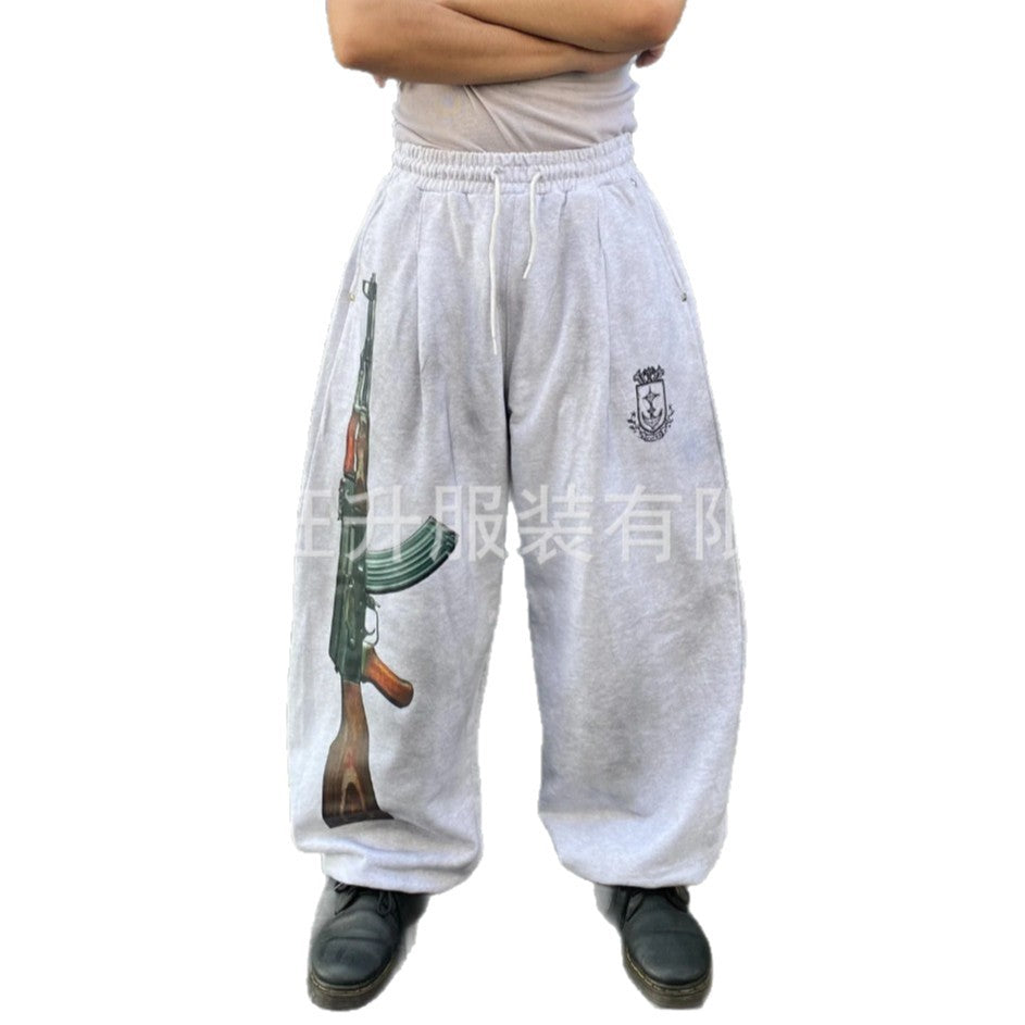 Street-Style Sweatpants with Embroidery and AK-47 Print