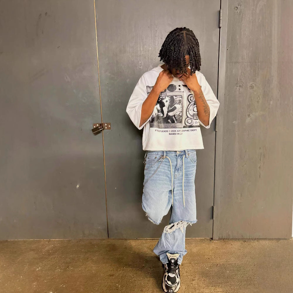 Street-style graffiti and vinyl record print T-shirt