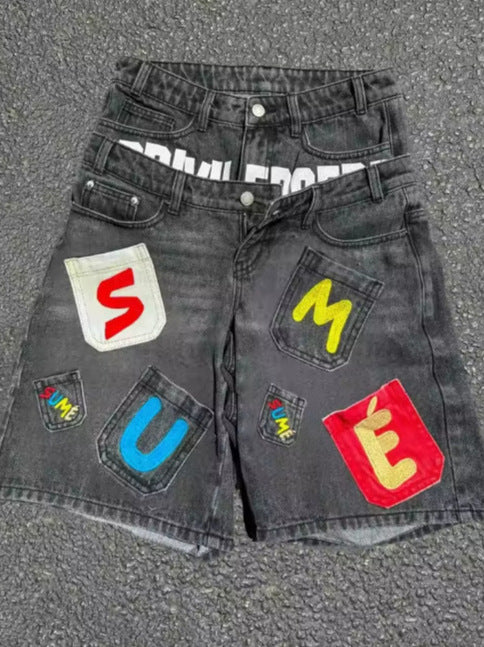 Full rhinestone hip-hop cross hot-fix denim shorts