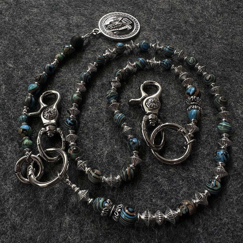 Beaded Keychain Turquoise Stone Silver Coin Charm