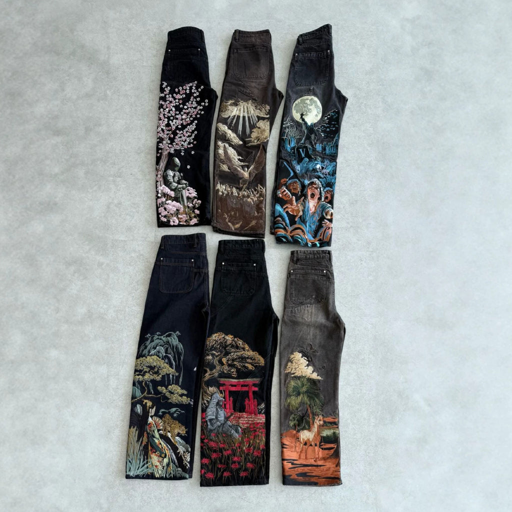 Vintage-Style Wide-Leg Jeans with Intricate Embroidery