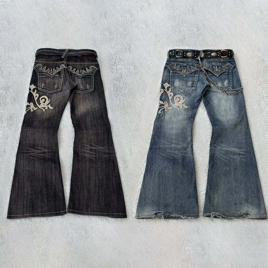 Y2K Dark-Style Patchwork Embroidered Flare Jeans