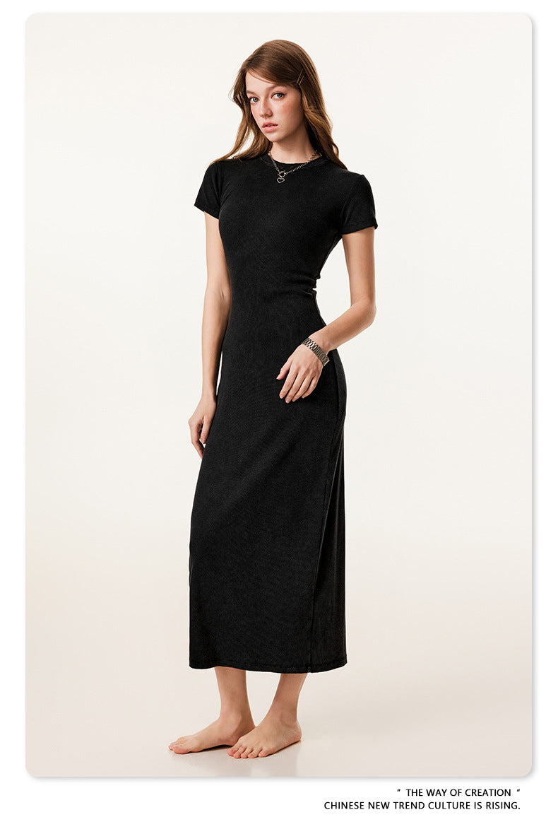 Yaviora Short-Sleeve Long Dress Slim Fit Bodycon Slit Skirt