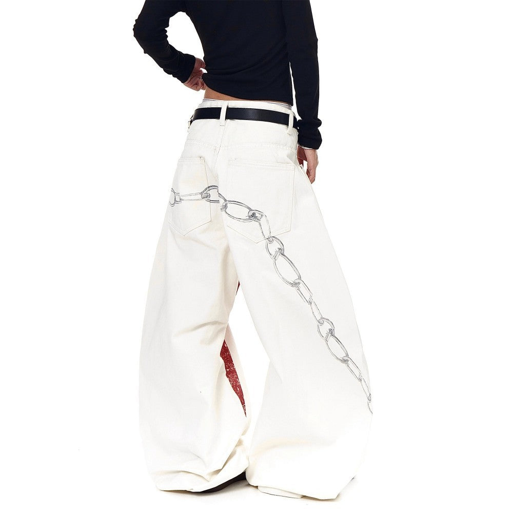 YAVIORA Red Cross Chain Wide Denim Pants