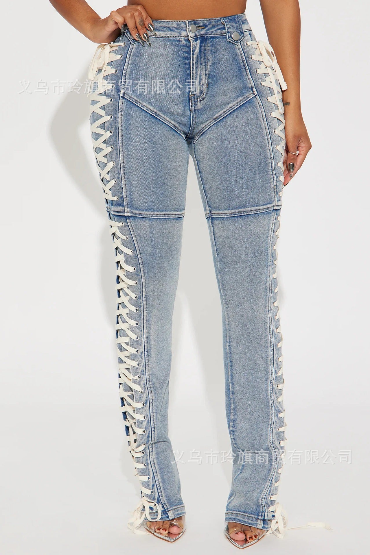 Y2K-style high-waisted, slim-fit lace-up bootcut jeans