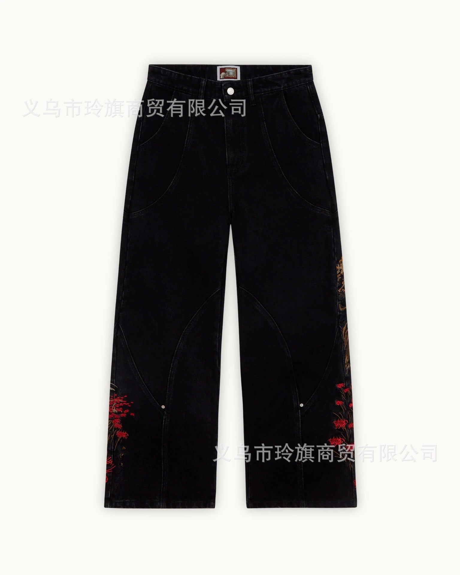 Vintage-Style Wide-Leg Jeans with Intricate Embroidery