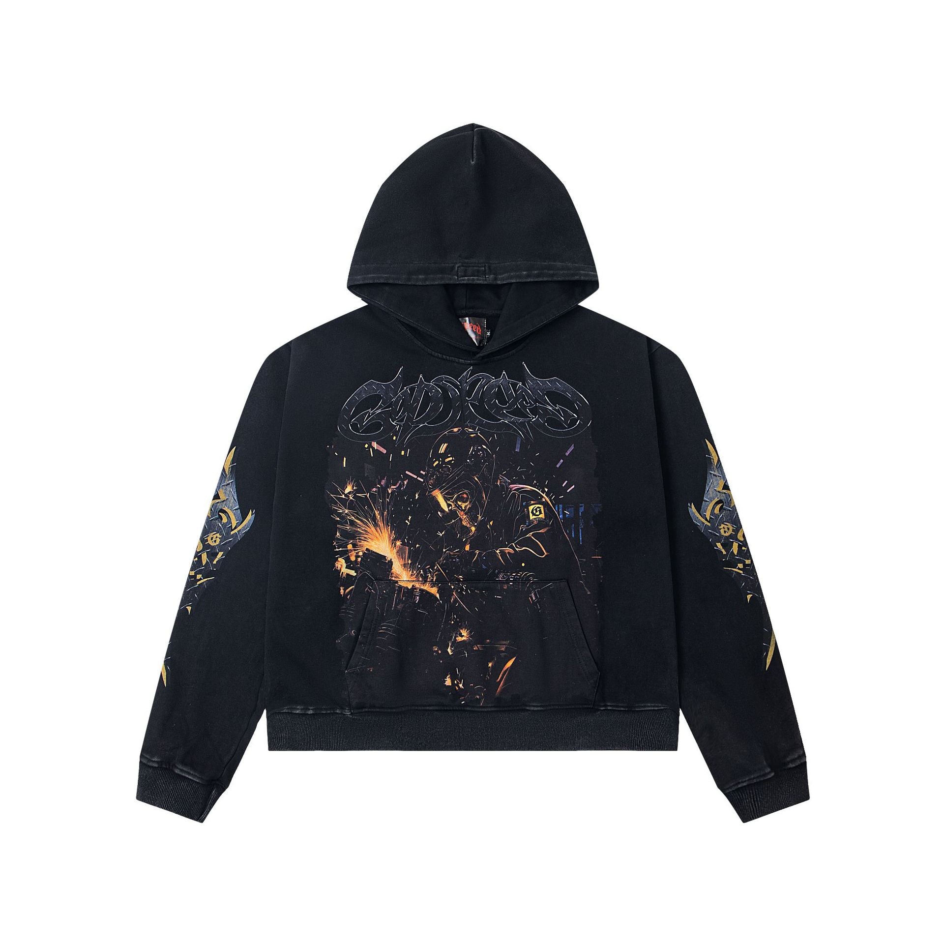 Vintage-Washed Pure Cotton Hip-Hop/Streetwear Hoodie with Print