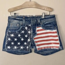 Y2K Gothic Flag-Print Color-Block Low-Rise Slim-Fit Denim Shorts