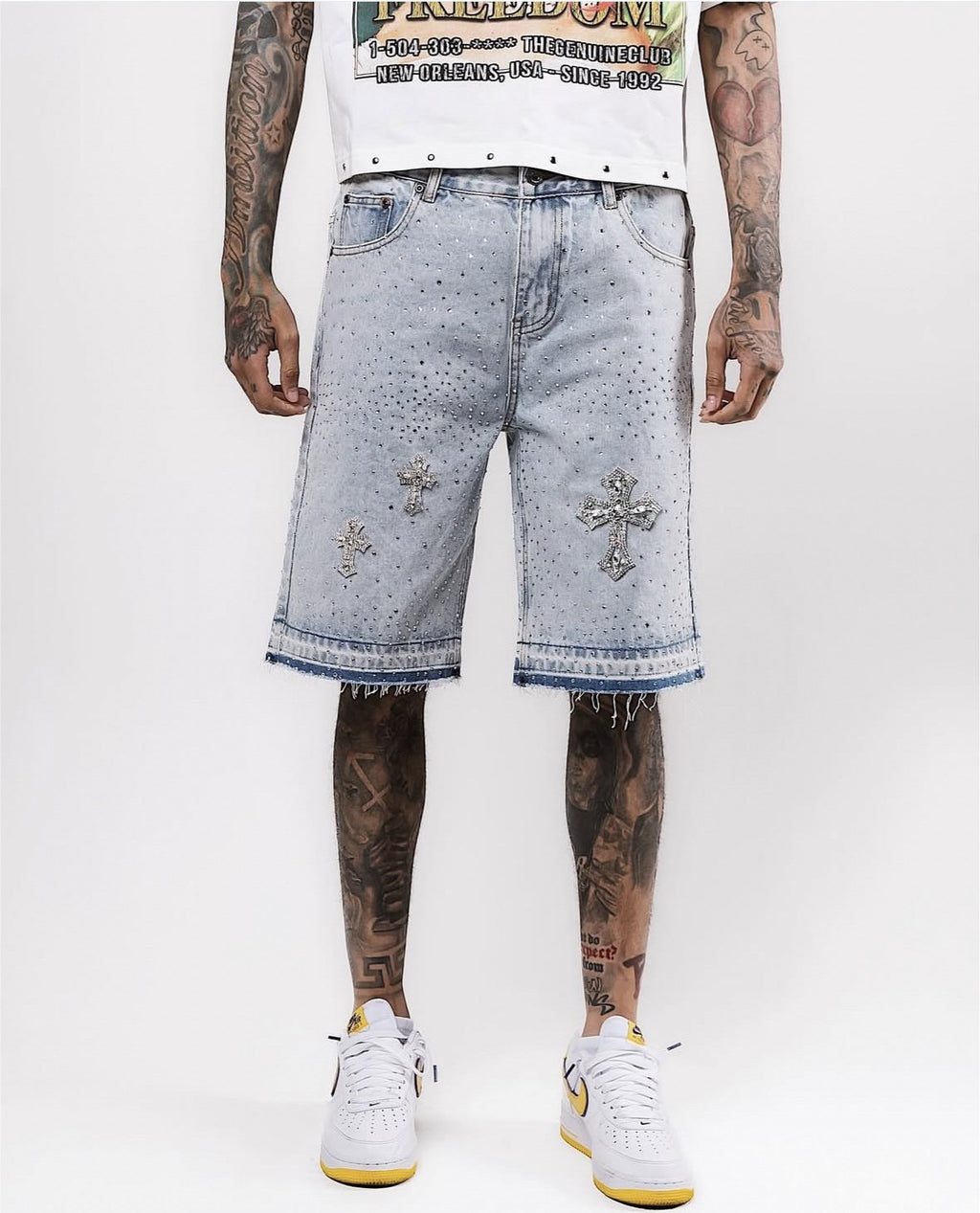 Full rhinestone hip-hop cross hot-fix denim shorts