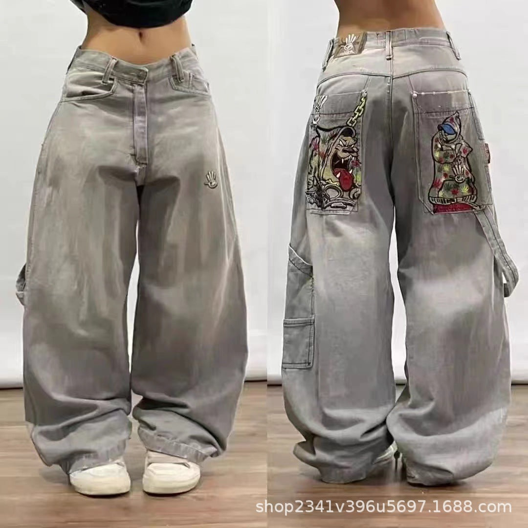 Vintage-Wash Denim Jeans with Y2K Hip-Hop Embroidery