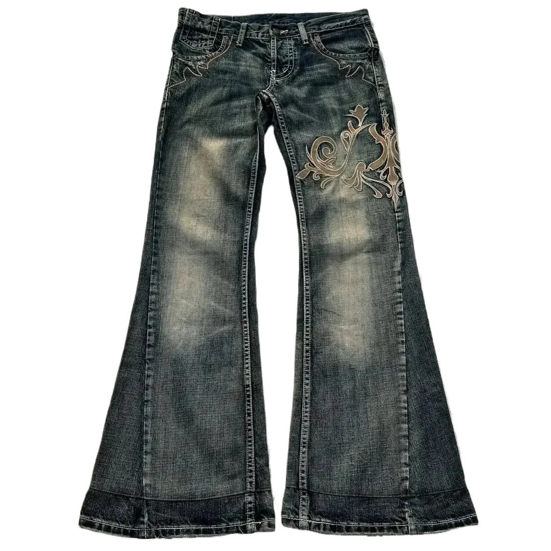 Y2K Dark-Style Patchwork Embroidered Flare Jeans