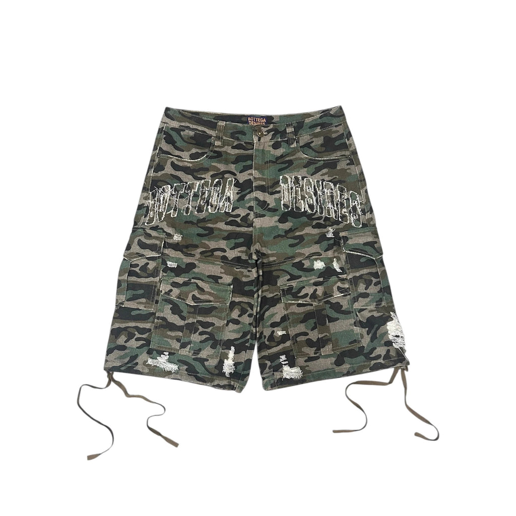 Camouflage Distressed Denim Cargo Shorts