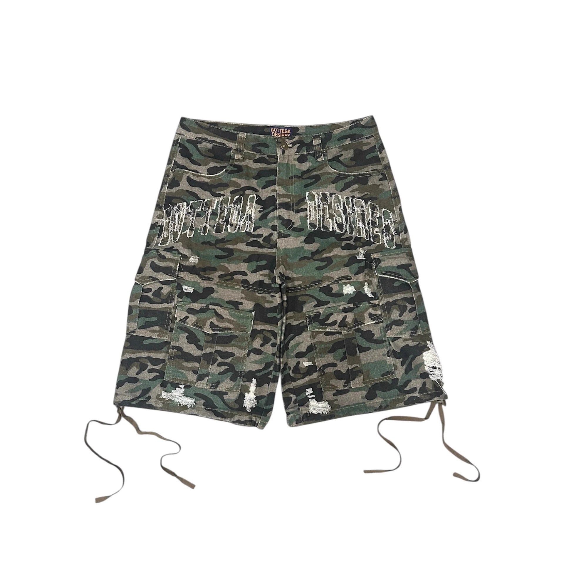Camouflage Distressed Denim Cargo Shorts