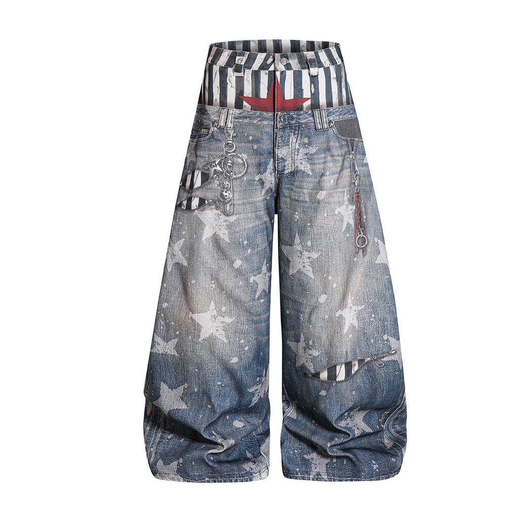 YAVIORA Star Print Fake Two-Piece Jeans
