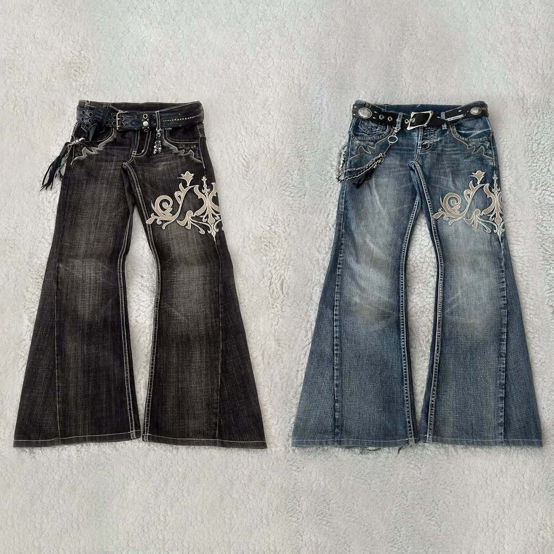 Y2K Dark-Style Patchwork Embroidered Flare Jeans