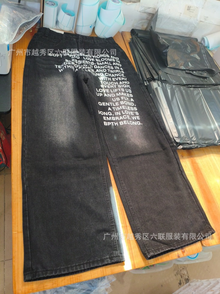 Y2K Men's Hip-Hop Jeans with American-Style Graphic Lettering