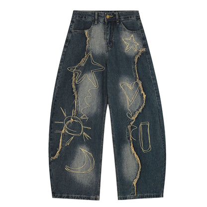 YAVIORA Embroidered Frayed Jeans