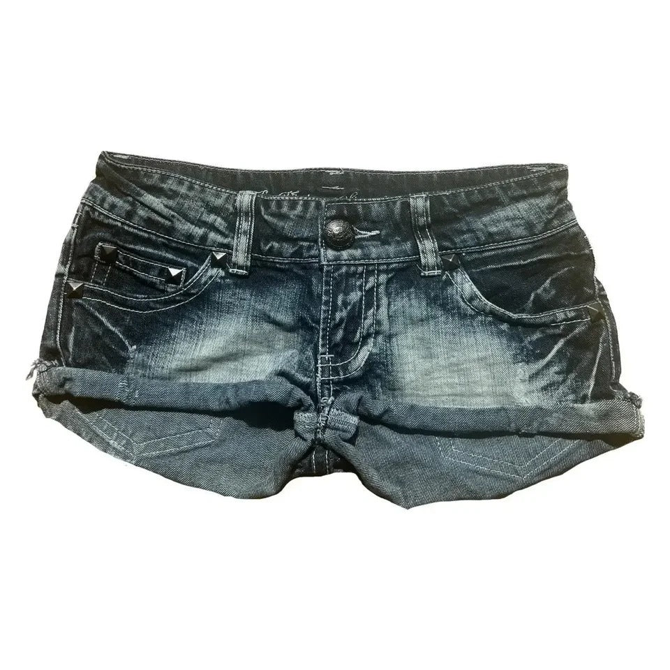 Y2K Gothic Flag-Print Color-Block Low-Rise Slim-Fit Denim Shorts