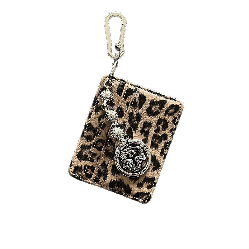 Leopard Print Keychain Card Holder with Dragon Charm