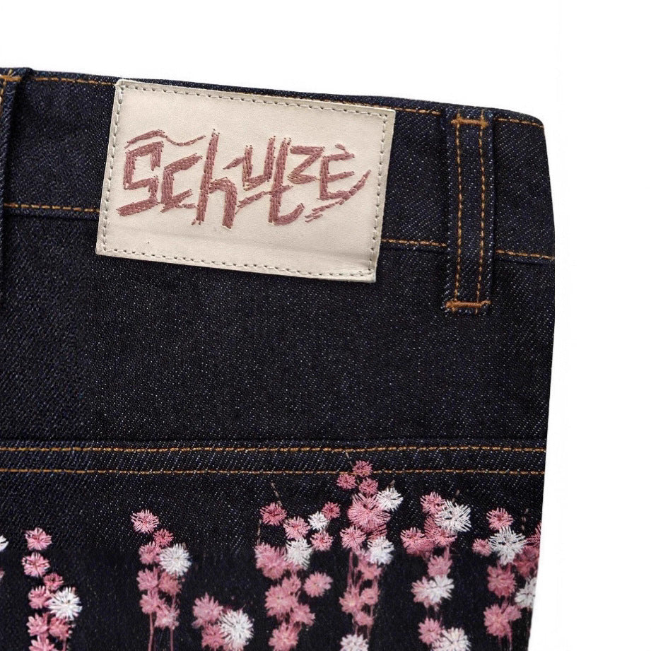 Retro Straight-leg Jeans with Plum Blossom Embroidery