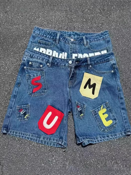 Full rhinestone hip-hop cross hot-fix denim shorts