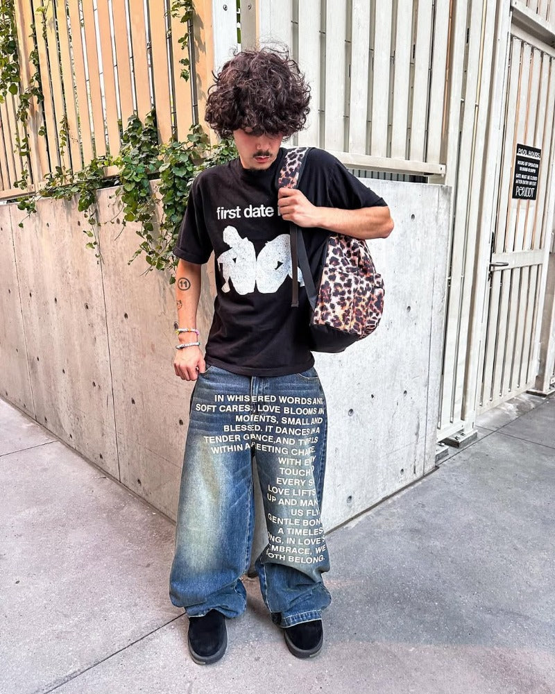 Y2K Men's Hip-Hop Jeans with American-Style Graphic Lettering