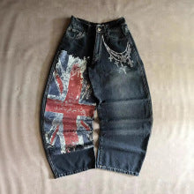 Y2K Gothic Flag-Print Color-Block Low-Rise Slim-Fit Denim Shorts
