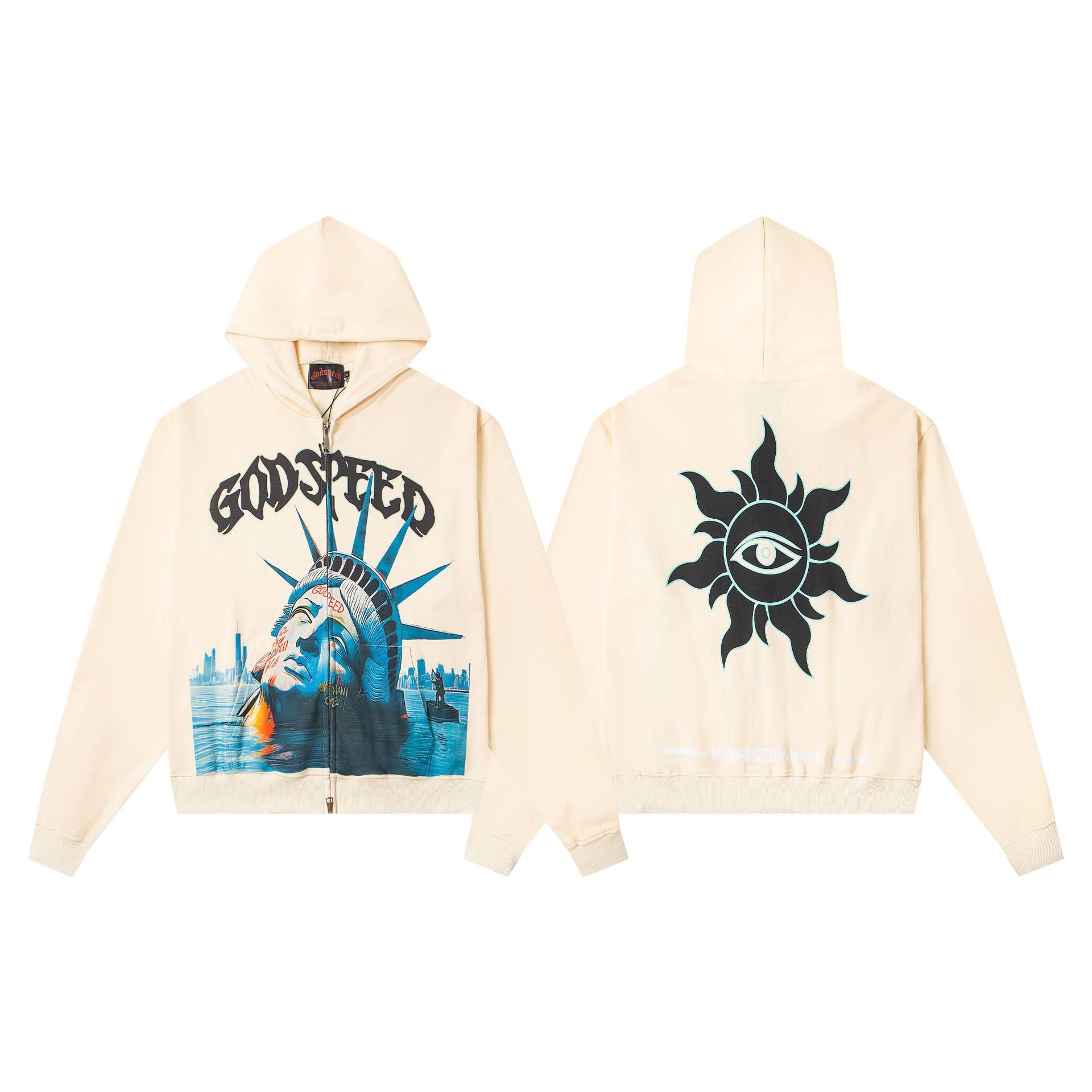 Vintage-Washed Pure Cotton Hip-Hop/Streetwear Hoodie with Print
