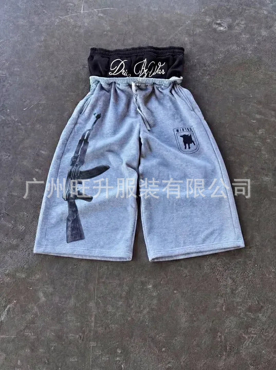 Street-Style Sweatpants with Embroidery and AK-47 Print