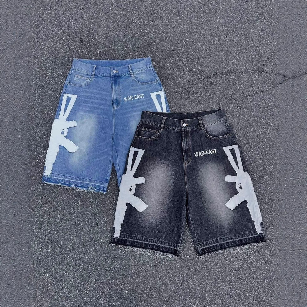 Y2K Embroidered Bone Casual Pants Loose Denim Shorts