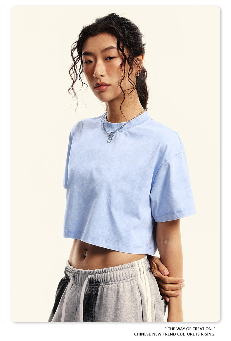 Yaviora Round Neck Crop Top Sexy Loose Short-Sleeve T-Shirt