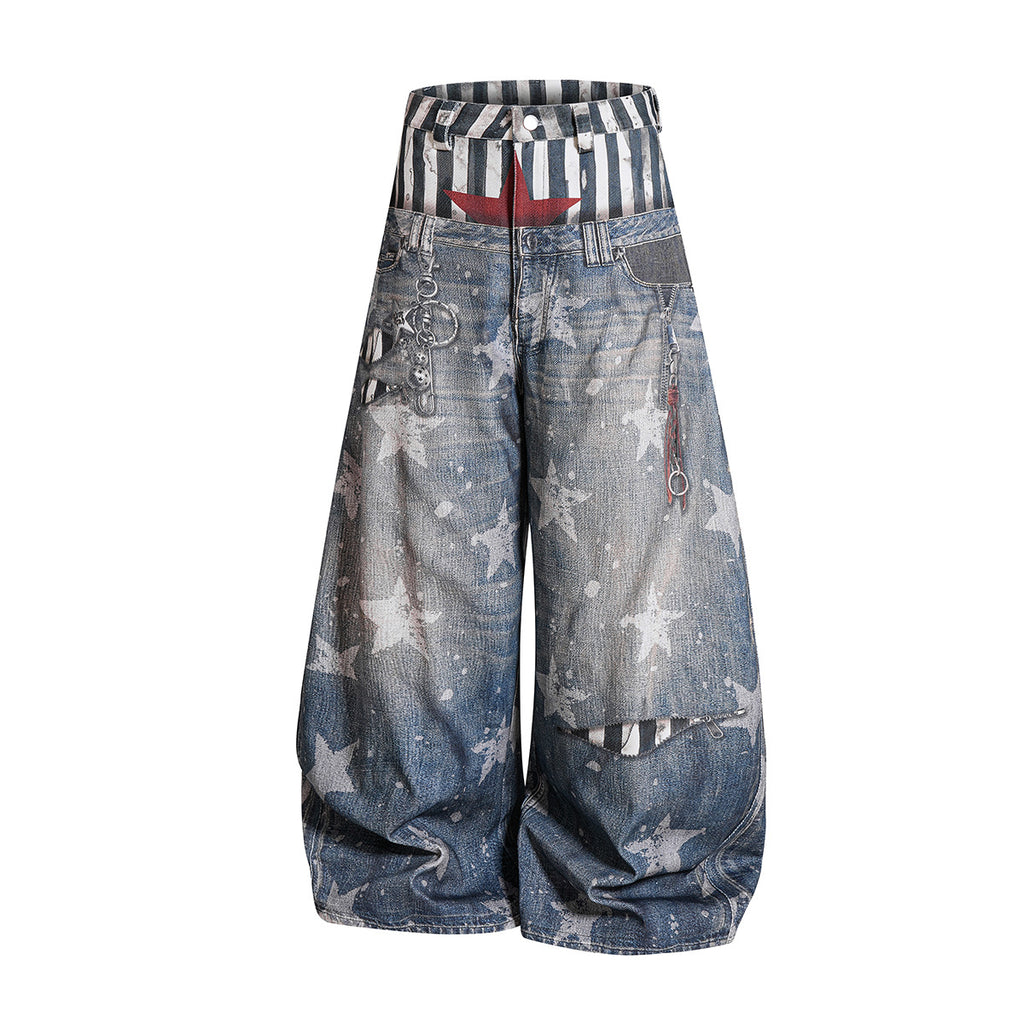 YAVIORA Star Print Fake Two-Piece Jeans