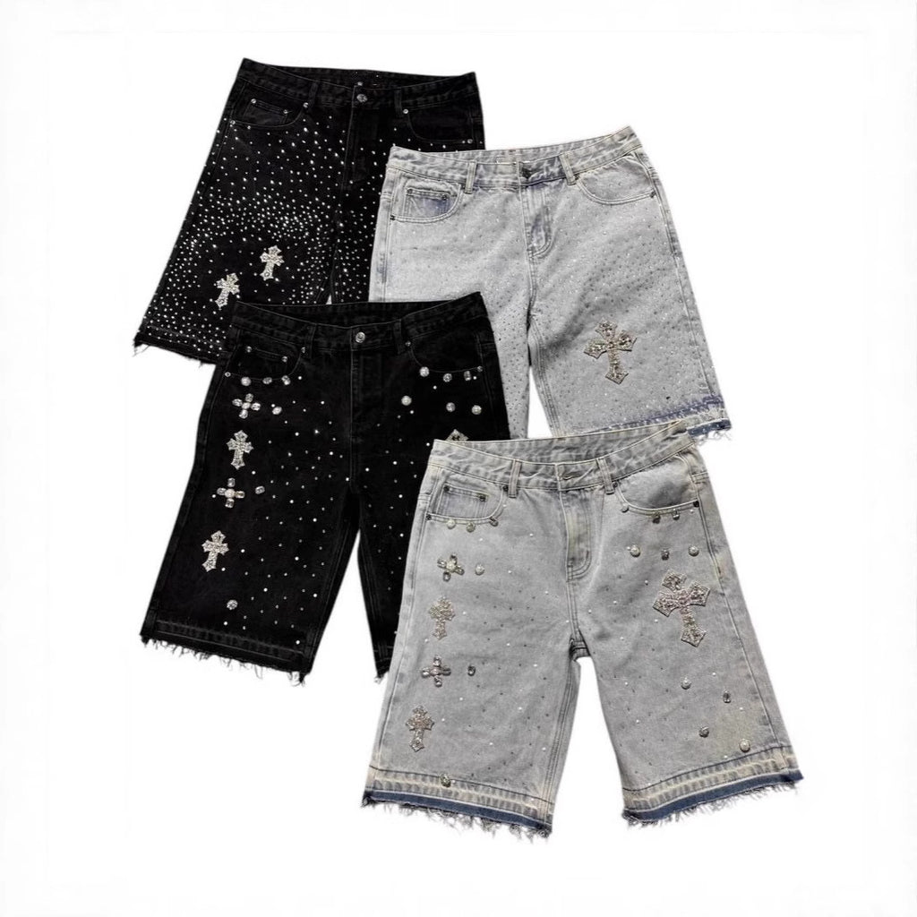 Full rhinestone hip-hop cross hot-fix denim shorts