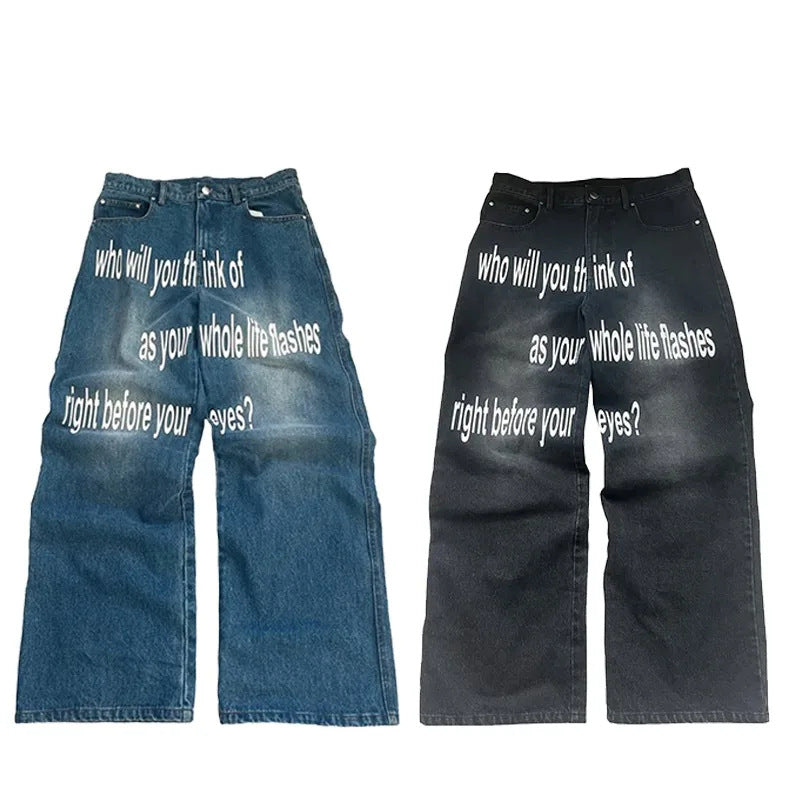 Y2K Men's Hip-Hop Jeans with American-Style Graphic Lettering