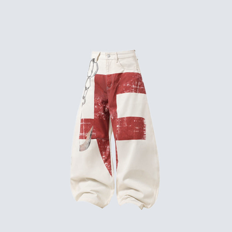 YAVIORA Red Cross Chain Wide Denim Pants