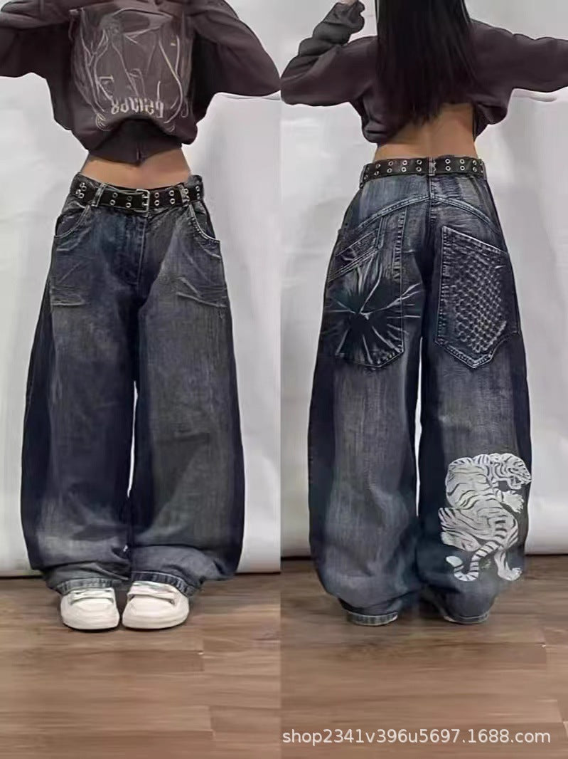 Vintage-Wash Denim Jeans with Y2K Hip-Hop Embroidery