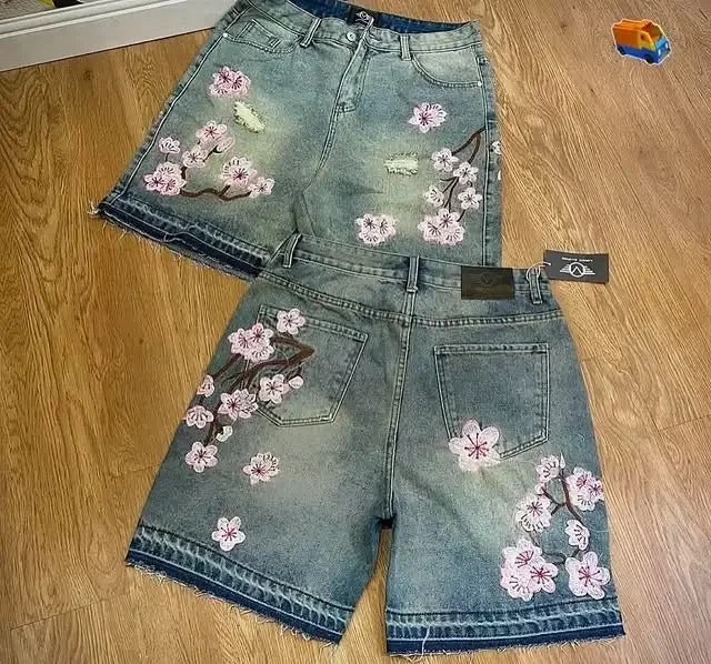 Camouflage Distressed Denim Cargo Shorts