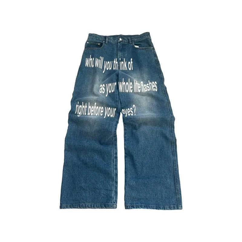 Y2K Men's Hip-Hop Jeans with American-Style Graphic Lettering