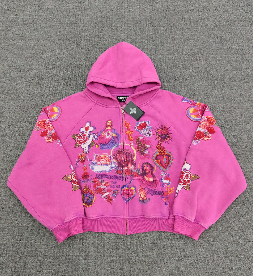 Jesus Sacred Heart Rose Print Cropped Zip‑Up Hoodie Y2K Vintage Streetwear