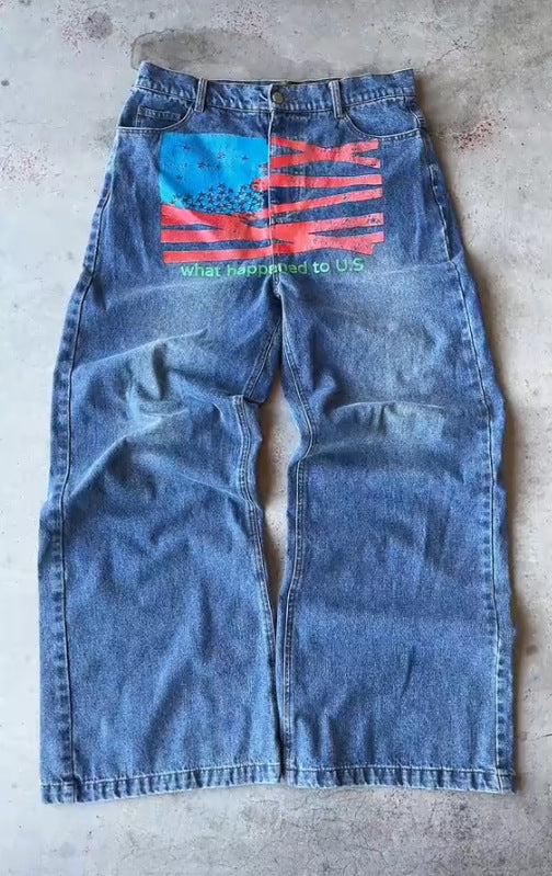 Y2K Men's Hip-Hop Jeans with American-Style Graphic Lettering